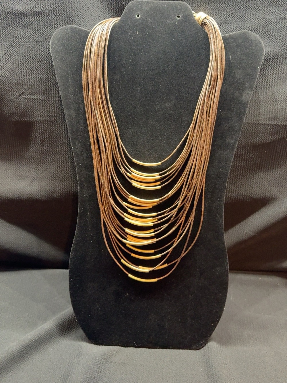 Vintage Multi Strand Brown Cord Gold Tone Statement Necklace